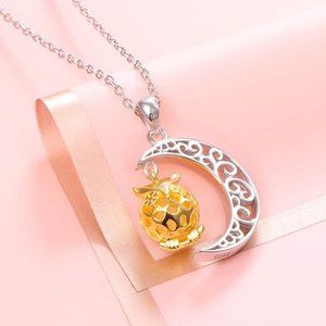NEW 925 Sterling Silver Moon and Luminous Glow Bead Owl Pendant with Necklace